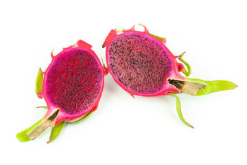 Two half sliced dragon fruit on white background, red pitaya isolated