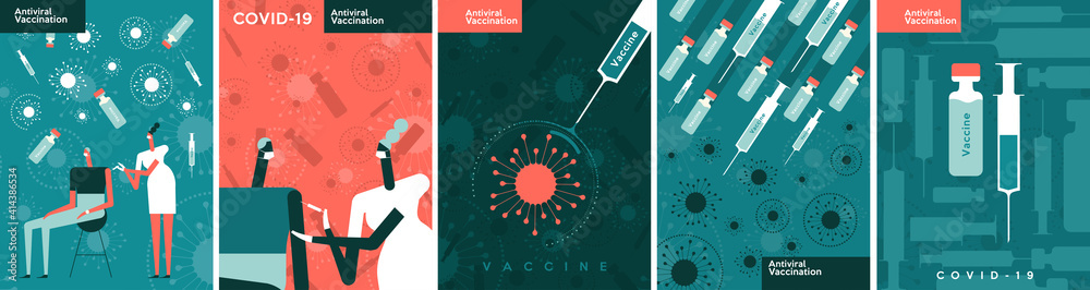 Vaccine and virus vaccination. A set of vector illustrations. A doctor gives a vaccination. A syringe of vaccine kills the virus. - obrazy, fototapety, plakaty 