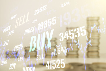 Poster - Abstract virtual financial graph hologram on coins background, financial and trading concept. Multiexposure