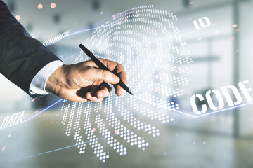 Poster - Multi exposure of developer's hand with pen working with virtual graphic fingerprint sketch on blurred office background, fingerprint scan data concept