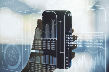 Poster - Abstract creative stats data concept and hand with phone on background. Multiexposure