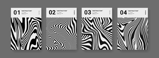 Poster - Minimal abstract optical illusion stripped posters set. Modern Pattern futuristic design. Cool monochrome minimalistic templates for Cover, Brochure, Placard and Banner.