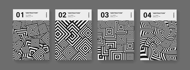 Wall Mural - Minimal abstract geometric posters set. Optical illusion Pattern with squares vector design. Cool monochrome minimalistic templates for Cover, Brochure, Placard and Banner.