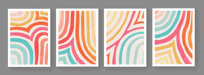set of minimalist hand painted posters. mid century modern illustration. colorful stripes artwork. a