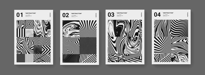 Poster - Set of Abstract black and white geometric posters. Modern monochrome pattern vector design. Mosaic texture. Optical illusion art.