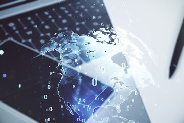 Poster - Multi exposure of abstract software development hologram with world map on laptop background, global research and analytics concept