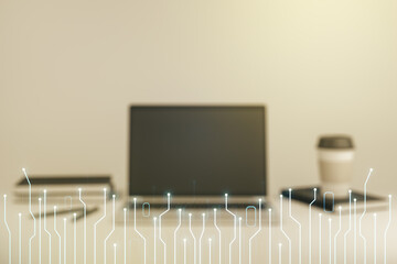 Poster - Double exposure of circuit hologram on laptop background. Research and development hardware concept