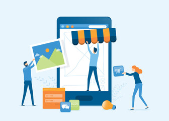 Poster - vector illustration design developer and designer team create online shop on mobile phone concept
