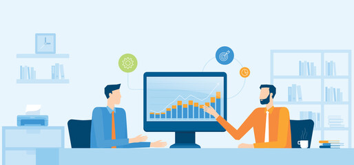 Aufkleber - Vector illustration design Business Financial advisor and Business investment planning on monitor report graph. With two business team meeting and working for analysis chart concept. 