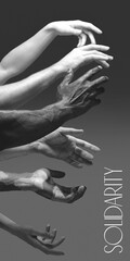 Solidarity. African and caucasian hands gesturing on gray studio background. Tolerance and equality, unity, support, kindly coexistence together concept. Worldwide multiracial community. Flyer