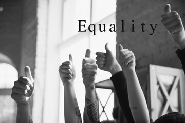 Wall Mural - Equality. African and caucasian hands gesturing on gray studio background. Tolerance and equality, unity, support, kindly coexistence together concept. Worldwide multiracial community.