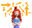 Concept difficult choice. Redhead sad girl around her head arrows. Trendy 3d illustration.