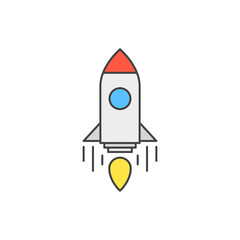 Poster - Flying rocket space ship with flame from turbine. Space ship shuttle transport. Vector.