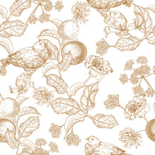 Seamless Pattern With Apples, Flowers And Birds. Doves.