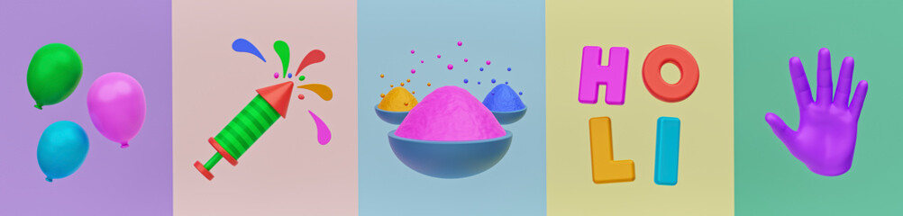 Poster - Indian festival Holi icons. Holi decoration elements. colorful trendy banner. 3d rendering