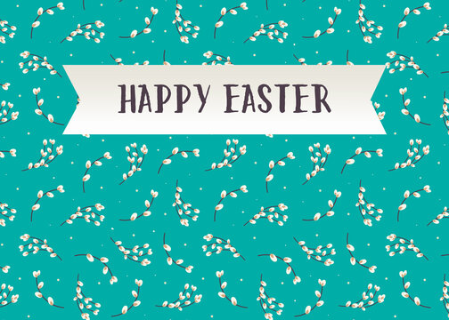 Happy Easter greeting card. Easter banner with willow pattern. Flat vector illustration