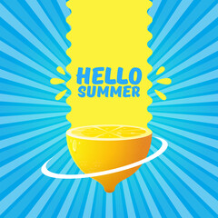 Vector Hello Summer Beach Party Flyer Design template with fresh lemon on BLUE sky with rays of light background. Hello summer concept label or poster with orange fruit and typographic text.