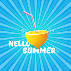 Vector Hello Summer Beach Party Flyer Design template with fresh lemon on BLUE sky with rays of light background. Hello summer concept label or poster with orange fruit and typographic text.