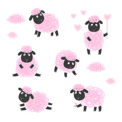 Wall Mural - Cute sheep vector illustration. Set of cartoon lambs.