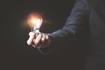 Poster - businessman holding glowing lightbulb and using computer laptop to input business strategy idea , cr