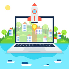 Poster - Startup project concept. Rocket launch. Town, mountains, forest, lake and ships on background. Day mode. Vector.