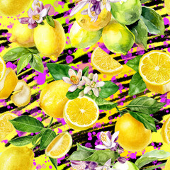 Wall Mural - Watercolor seamless pattern lemons on a color background.