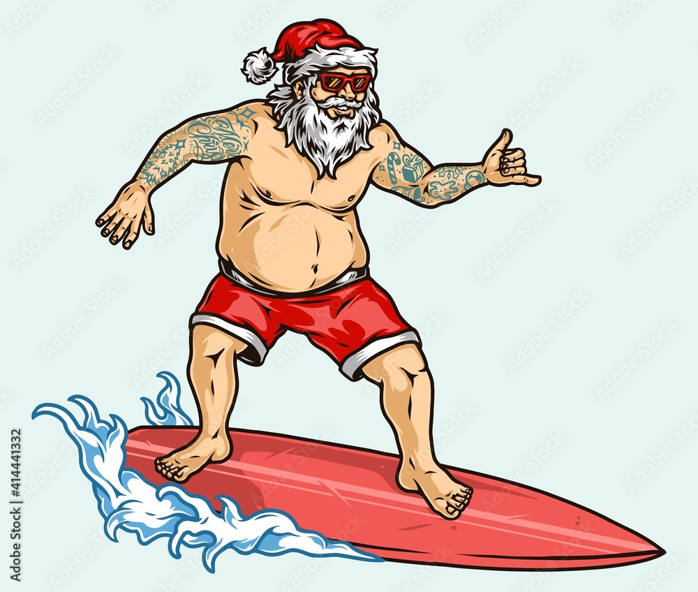Tattooed Santa Claus in sunglasses surfing wave