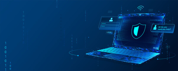 Poster - Cyber security, data protection, cyberattacks concept on blue background. Database security software development. Online security concept. Laptop protected with shield. Vector illustration