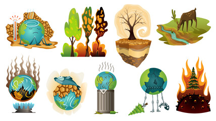 Collection of earth global warming illustration. Warning ecology posters. Concept global planet drought icons. Poorly globe characters of cartoon earth