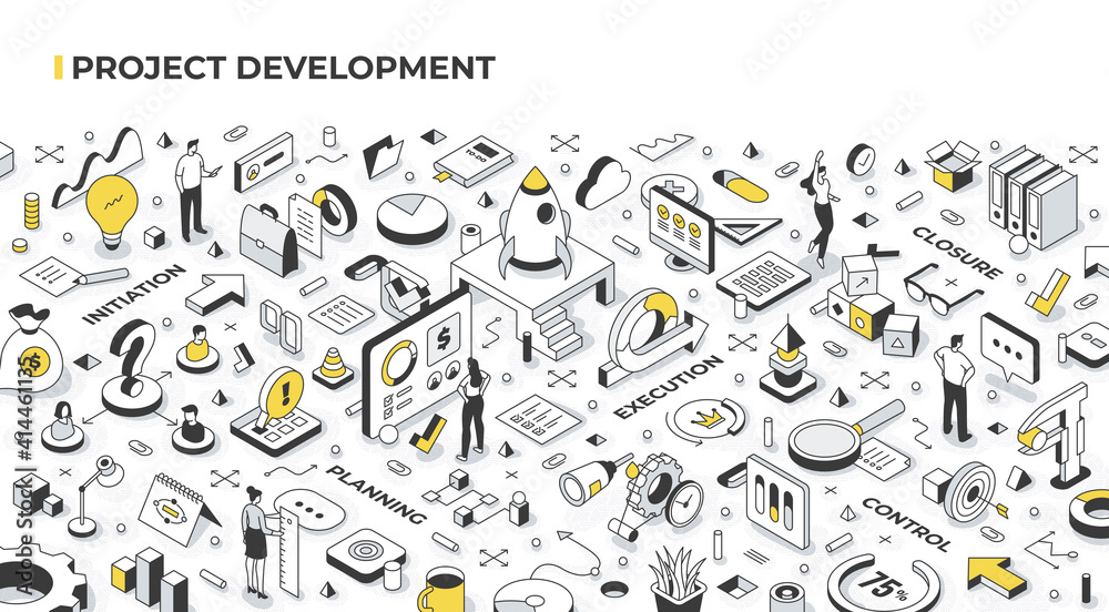 Project management and development concept. People launch startups, set goals, organize and coordinate resources, accomplish objectives. Agile management and business success. Isometric illustration - obrazy, fototapety, plakaty 