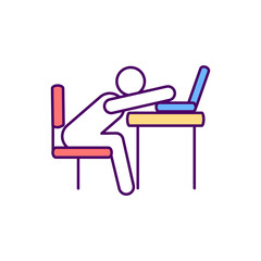 Sticker - Sedentary workplace behavior RGB color icon. Awkward working posture. Occupational risk. Keeping physical activity during working hours. Public health issue. Isolated vector illustration