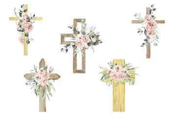 Watercolor Flower Cross, Wood Cross, Baptism, Floral Clipart, First Communion, Holy Spirit, Florals Arrangements, Easter cross