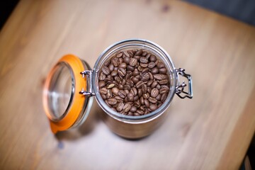 coffee beans in glass a cup. blurry background