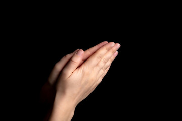 Canvas Print - Praying hands with faith in religion and belief in God on blessing background. Power of hope or love and devotion in the dark with copy space