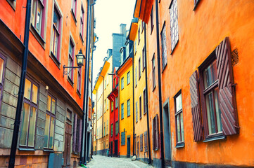 Wall Mural - Colorful architecture in Old Town of Stockholm, Sweden. Famous travel destination