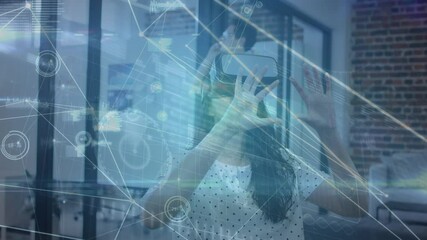 Poster - Digital composite video of network of connections against indian woman using vr headset at office