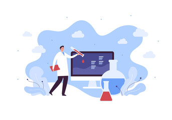 Wall Mural - laboratory science and medical biotechnology research concept. vector flat character illustration. m