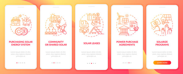 Solar leases onboarding mobile app page screen with concepts. Solar energy solution. Solarize program walkthrough 5 steps graphic instructions. UI vector template with RGB color illustrations