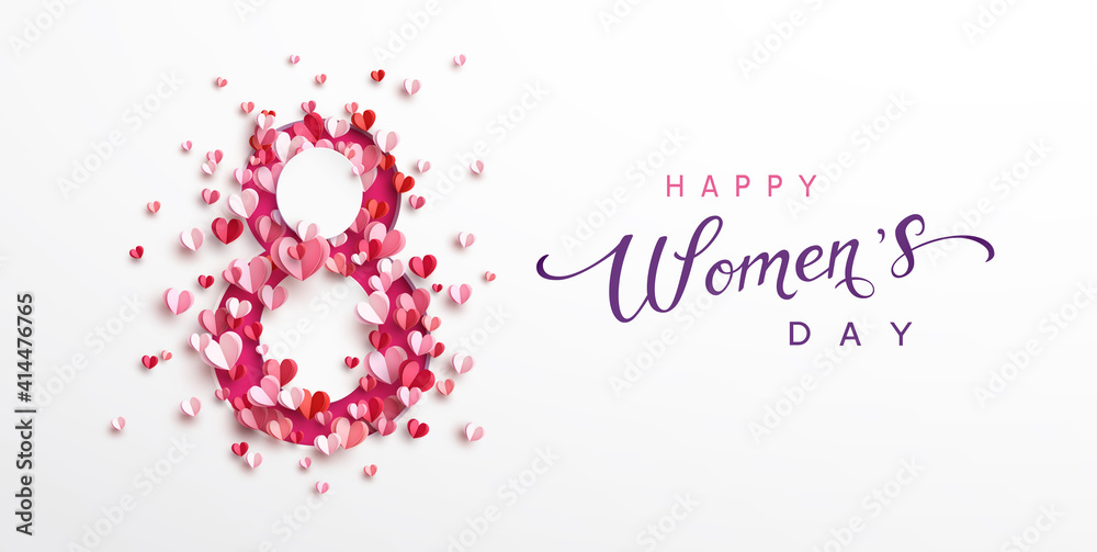 Women's Day greeting card or banner with pink cut eight number and flying paper hearts. Vector 8 March international holiday poster template - obrazy, fototapety, plakaty 