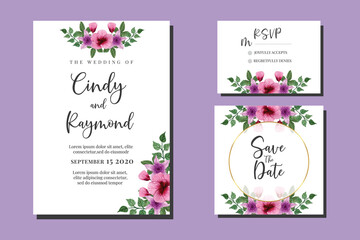 Wedding invitation frame set, floral watercolor hand drawn Hollyhock Flower design Invitation Card Template
