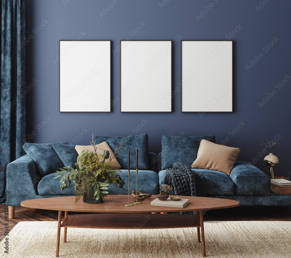 Home interior mock-up with blue sofa, table and decor in living room, 3d render - obrazy, fototapety, plakaty 