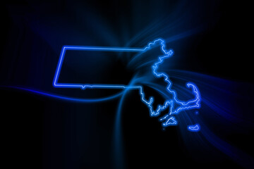 Poster - Glowing Map of Massachusetts, modern blue outline map