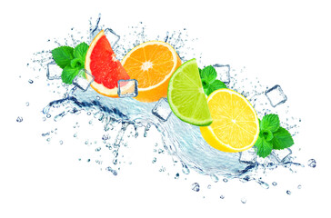 Sticker - citrus water splash, ice cubes isolated on white background