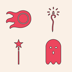 Wall Mural - Set Ghost, Fireball, Magic staff and Magic wand icon. Vector.