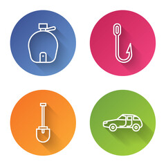 Canvas Print - Set line Canteen water bottle, Fishing hook, Shovel and Car. Color circle button. Vector.