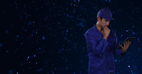 Poster - Animation of engineer using tablet over glowing blue spots in background
