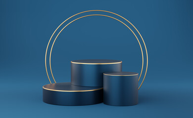 Wall Mural - Empty blue cylinder podium with gold border and 2 gold circle on blue background. Abstract minimal studio 3d geometric shape object. Mockup space for display of product design. 3d rendering.