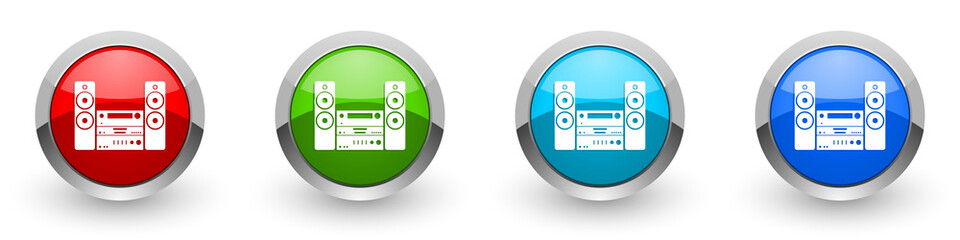 Poster - Music, stereo equipment silver metallic glossy icons, set of modern design buttons for web, internet and mobile applications in four colors options isolated on white background