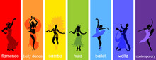 Various Style Dancing. Set With Silhouettes Of Dancers Of Ballet, Flamenco, Oriental Dance, Hula, Samba, Waltz And Contemporary