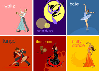 Wall Mural - Various style dancing. Set with dancers: waltz, ballet, aerial dance, tango, flamenco, belly dance